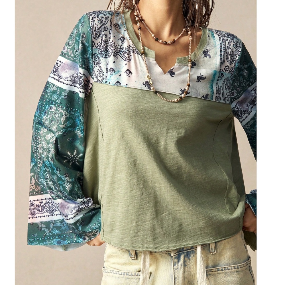 Boho Paisley Print notched neck Wide Long Sleeve Cotton Top